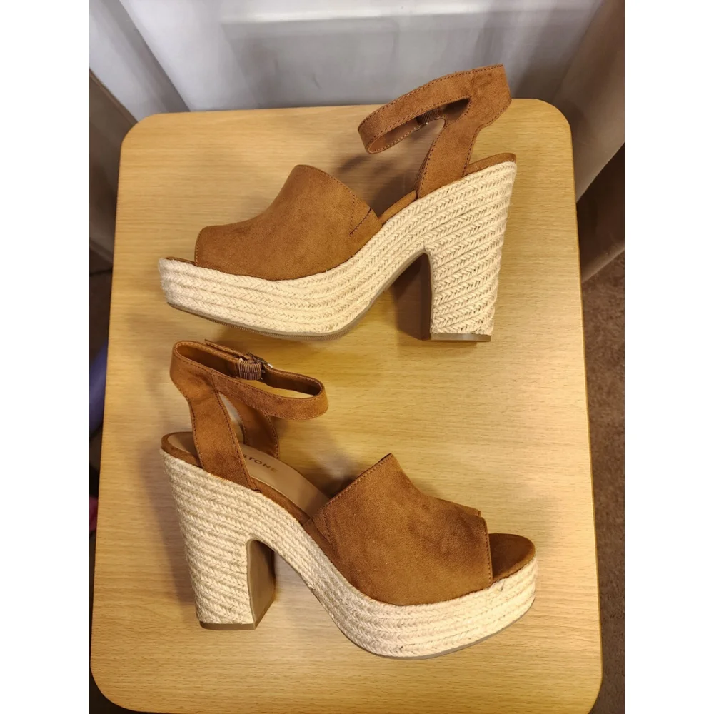 Sun & Stone Micro Suede Cognac Brown Retro Espadrille Platform Sandals 10 M
